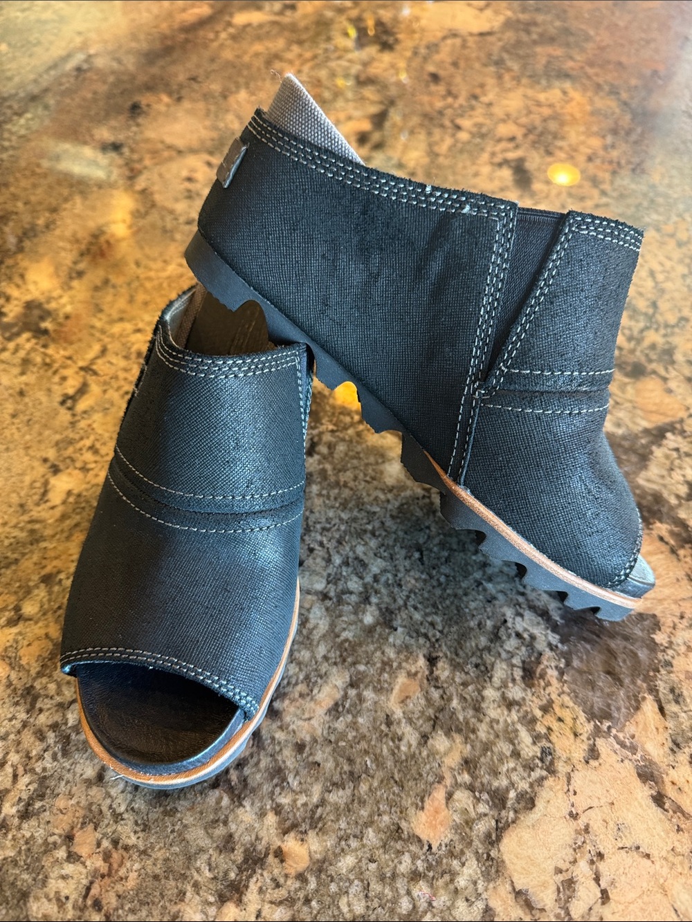 Sorel Black Open-Toe Canvas Wedge Sandals